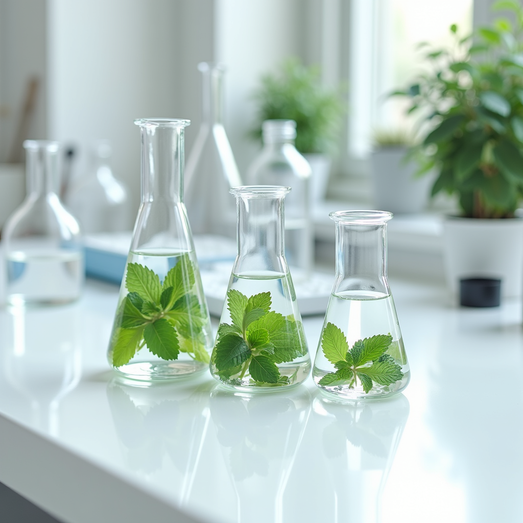 3 experiment beakers with fresh mint leaves in them